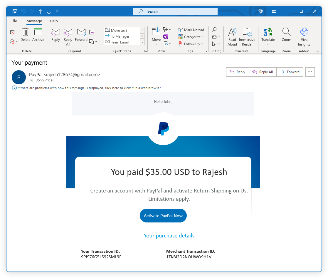 Phishing IQ test example screenshot