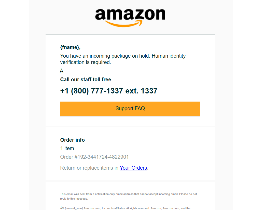 Amazon callback phishing example
