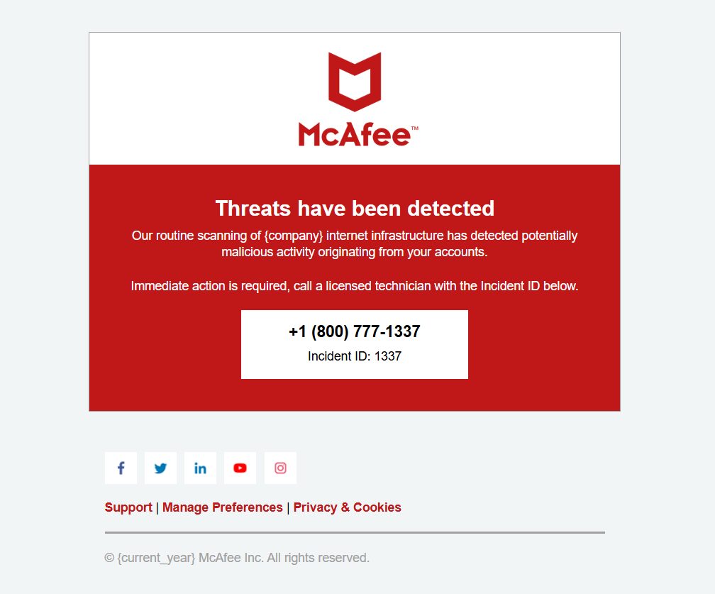 McAfee callback phishing example