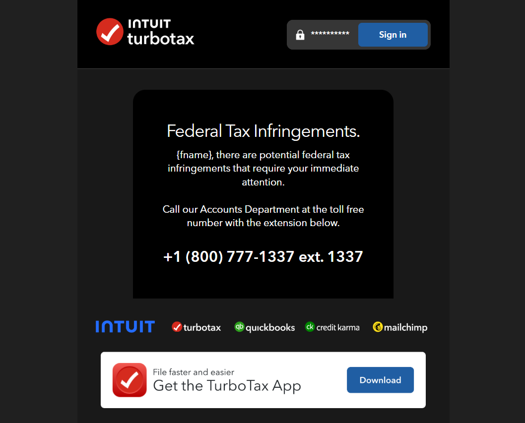 TurboTax callback phishing example